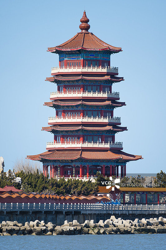 山东烟台蓬莱仙境八仙过海口景区历史古建筑城市旅游景点都市风光风景图片素材