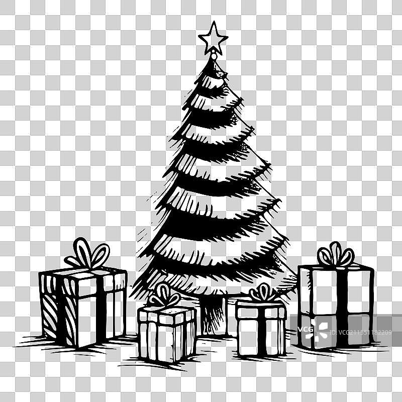 黑白画的圣诞树与图片素材