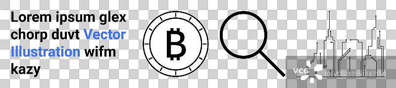 比特币符号与放大镜和城市景观图片素材