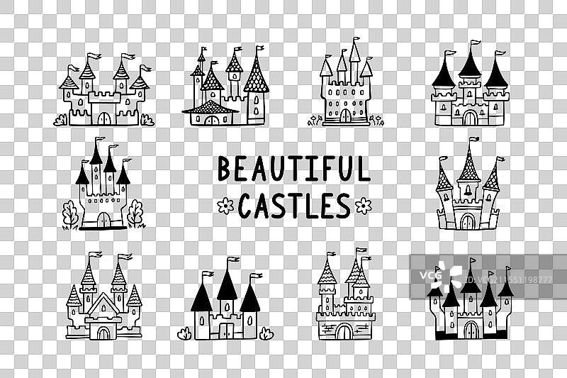 手绘卡通城堡图标集涂鸦图片素材