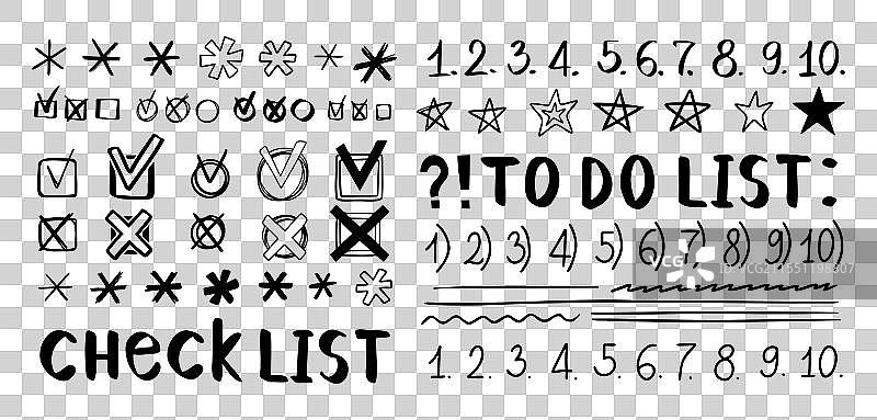 手绘涂鸦风格的检查清单和勾选标记图片素材