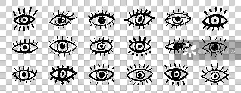 涂鸦风格的黑色破旧眼睛手绘图标集图片素材