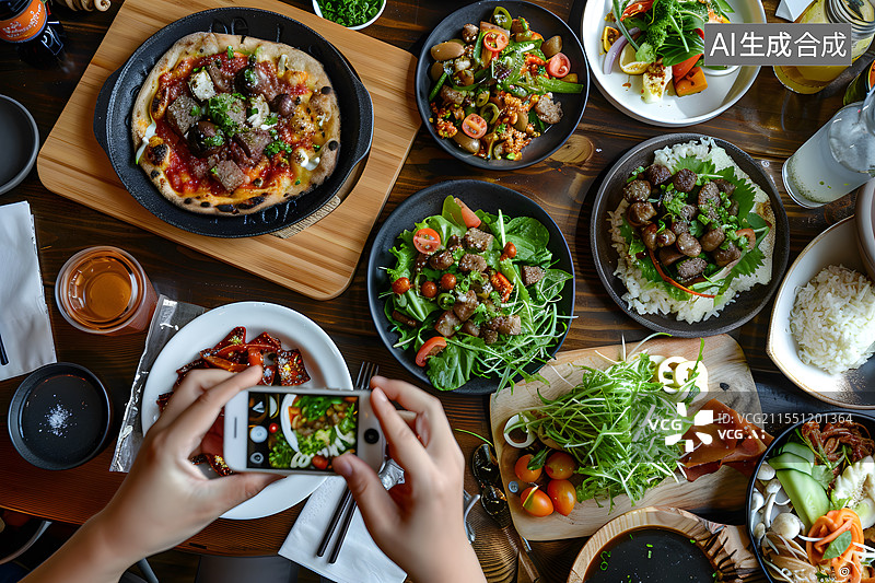 【AI数字艺术】一只手用手机在拍摄美食图片素材