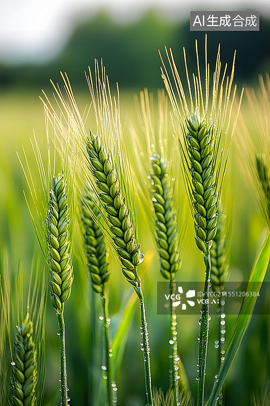 【AI数字艺术】田间未成熟的青绿色的小麦特写图片素材