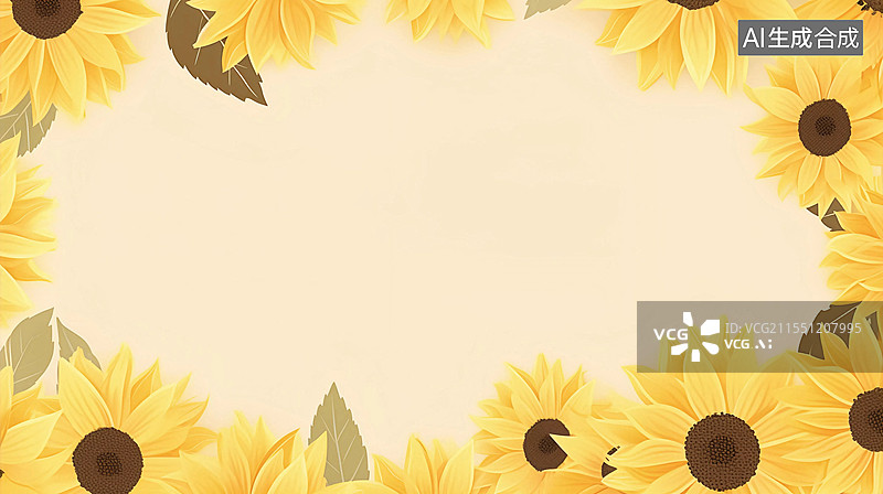【AI数字艺术】夏天阳光向日葵盛开边框装饰淡黄色背景，环绕图片素材