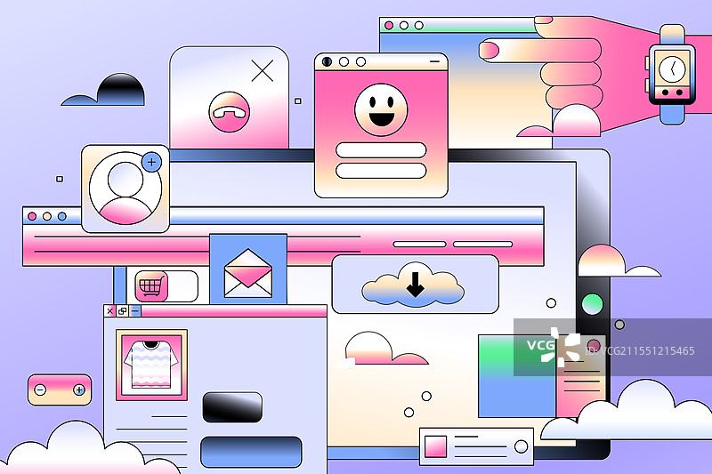 卡通商务科技概念电商数据可视化信息检索人工智能手机体验虚拟现实物联网机器电商消费渐变矢量插画图片素材