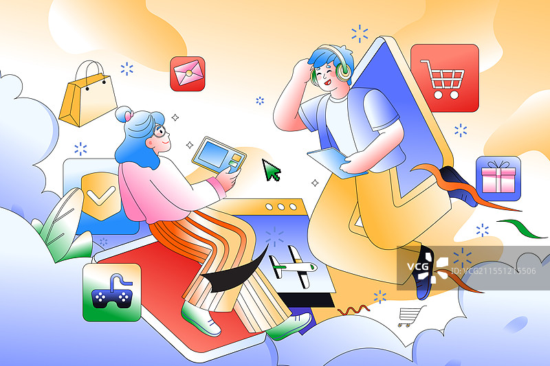 卡通商务科技概念电商数据可视化信息检索人工智能手机体验虚拟现实物联网机器电商消费渐变矢量插画图片素材