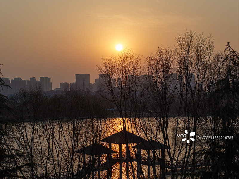 周口公园 人工湖 树林 日落 夕阳图片素材