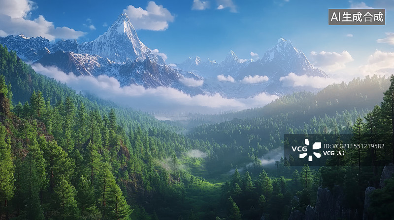 【AI数字艺术】雪山森林背景，雪山背景，森林背景，生态环境，气候图片素材
