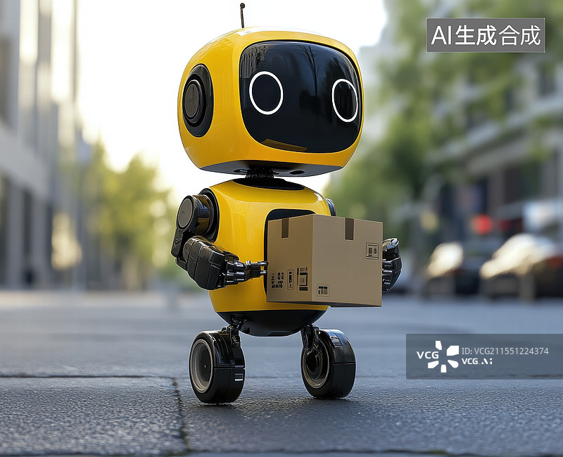 【AI数字艺术】一个可爱的黄色机器人，它有着大大的蓝色发光眼睛和圆滚滚的身体。机器人正用一只手托着一个纸箱图片素材