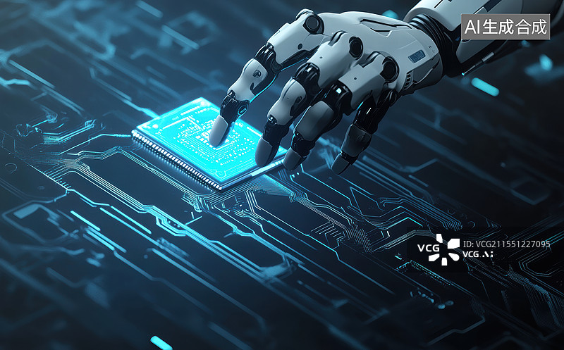 【AI数字艺术】一只机械手臂正在触摸一个发光的电路板。机械手臂的设计非常现代，带有蓝色的发光线条，背景是深色的电路板图片素材
