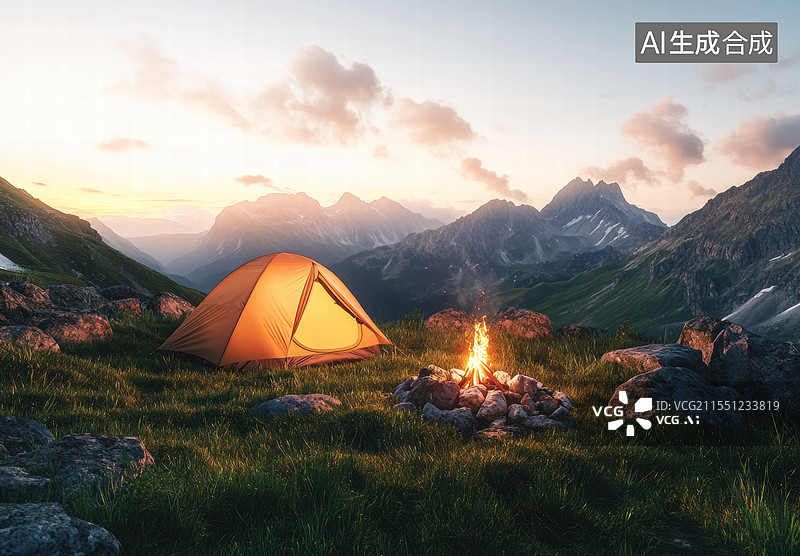 【AI数字艺术】一个在海滩上露营的场景，背景是美丽的日落。帐篷内有温暖的灯光透出，周围摆放着几盏灯笼，图片素材