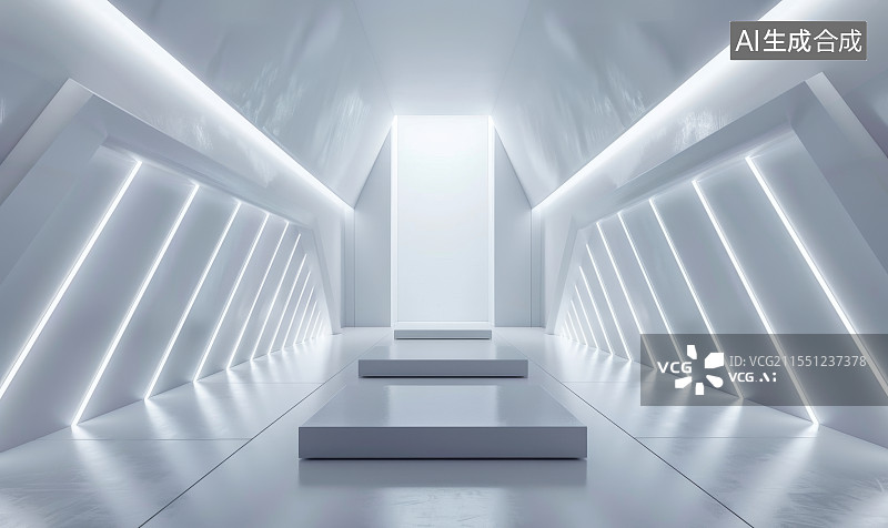 【AI数字艺术】白色发光室内科幻空间通道图片素材