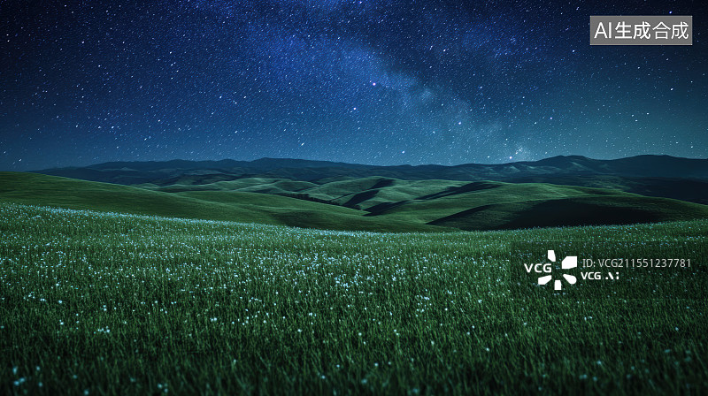 【AI数字艺术】夜晚星空雪山草地自然风光图片素材