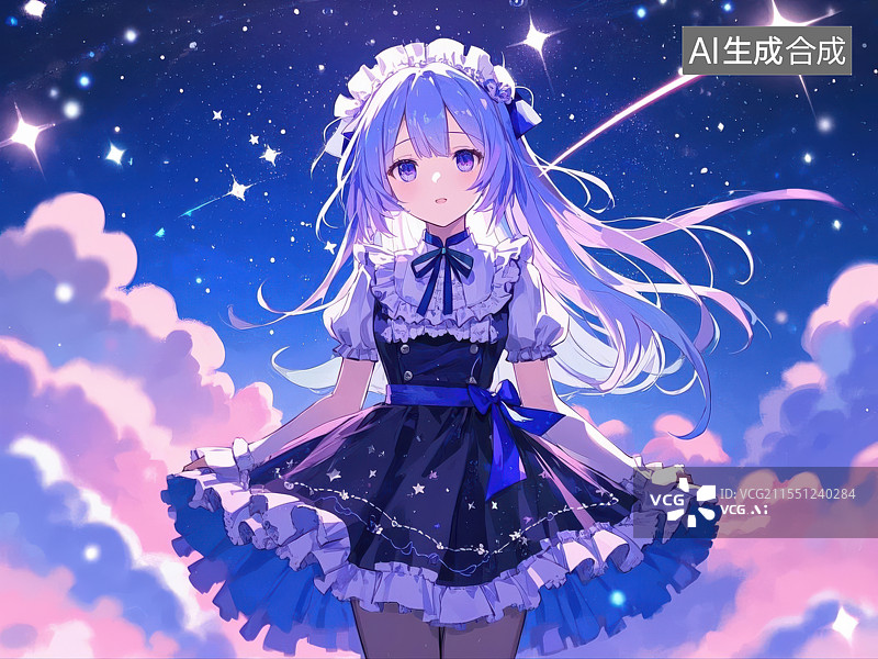 【AI数字艺术】梦幻星空下的女仆少女动漫风格插画图片素材