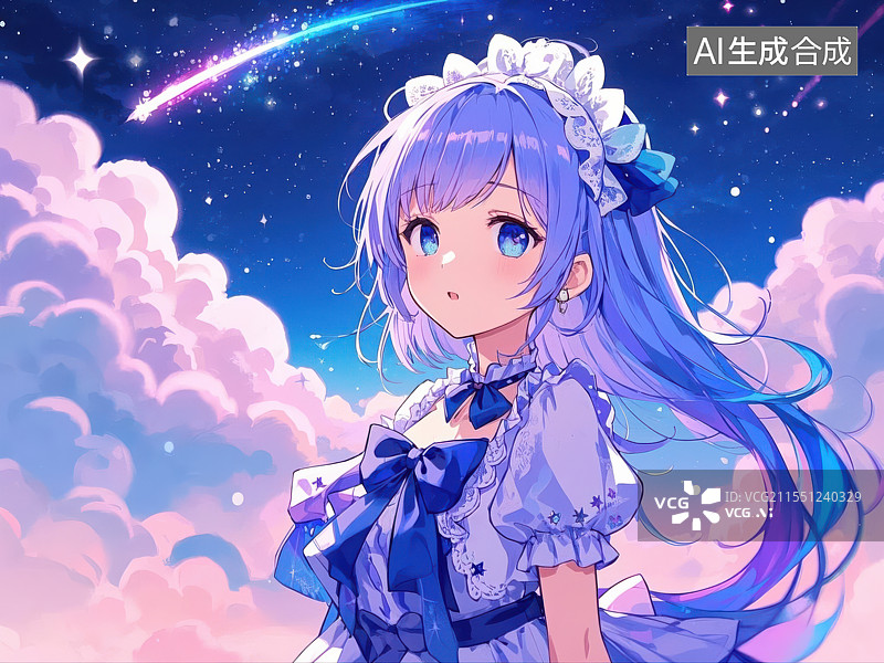 【AI数字艺术】梦幻星空下的女仆少女动漫风格插画图片素材
