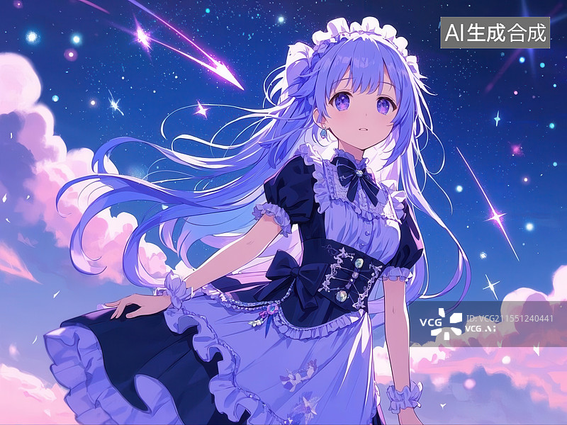 【AI数字艺术】梦幻星空下的女仆少女动漫风格插画图片素材
