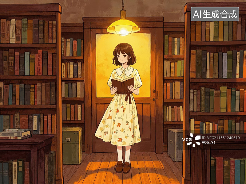 【AI数字艺术】静谧书阁中的阅读少女图片素材