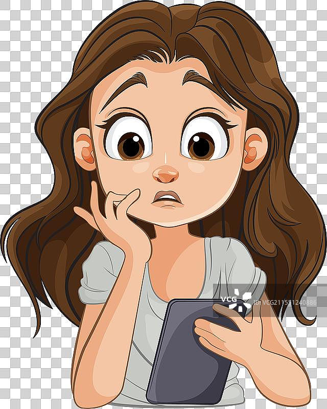 手拿手机的沉思女孩卡通形象图片素材