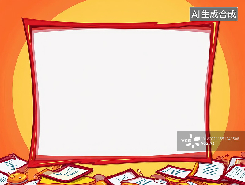 【AI数字艺术】空白白板与学习用品2D卡通背景居下图片素材