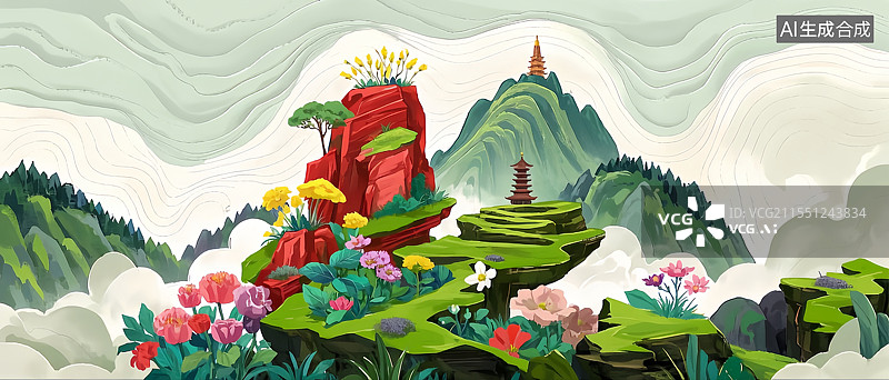 【AI数字艺术】国潮风插画以擎天蘑菇石、红云缭绕的金顶与崖壁古寺为视觉焦点，佛光晕染山体，绛红岩层、乳白云海及墨绿森图片素材