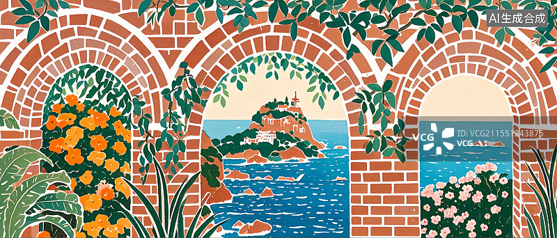 【AI数字艺术】国潮插画绘黄昏海滨，欧式建筑、三角梅与礁石亭台交织，赭石墙与钴蓝海对比，暖橘渲染浪漫诗意。图片素材