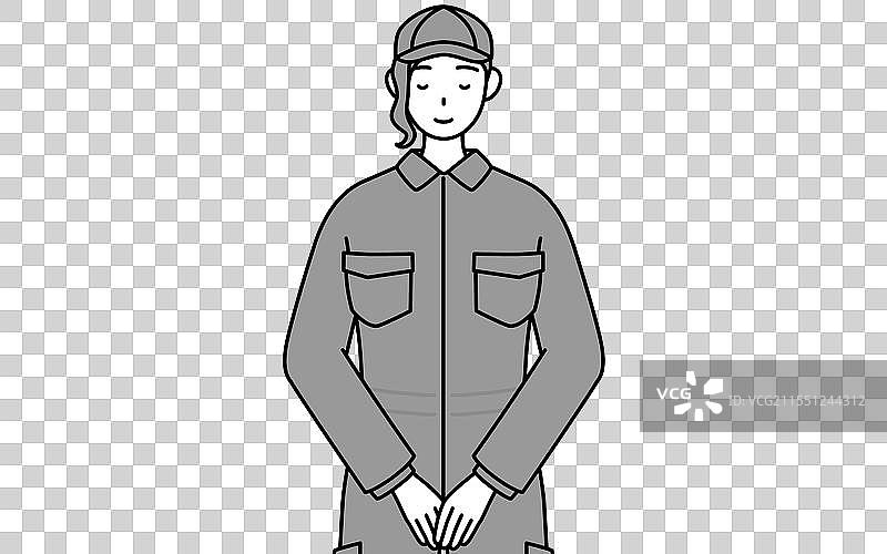 穿着工作服的女机械师双手放在头顶上图片素材