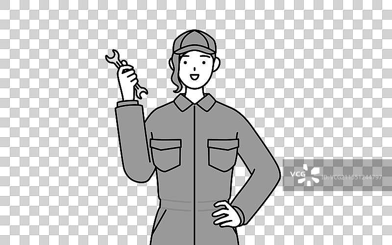 穿着工作服的女机械师手持扳手图片素材