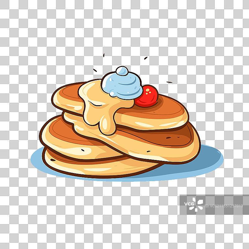 美味的煎饼，上面淋有糖浆和奶油。图片素材