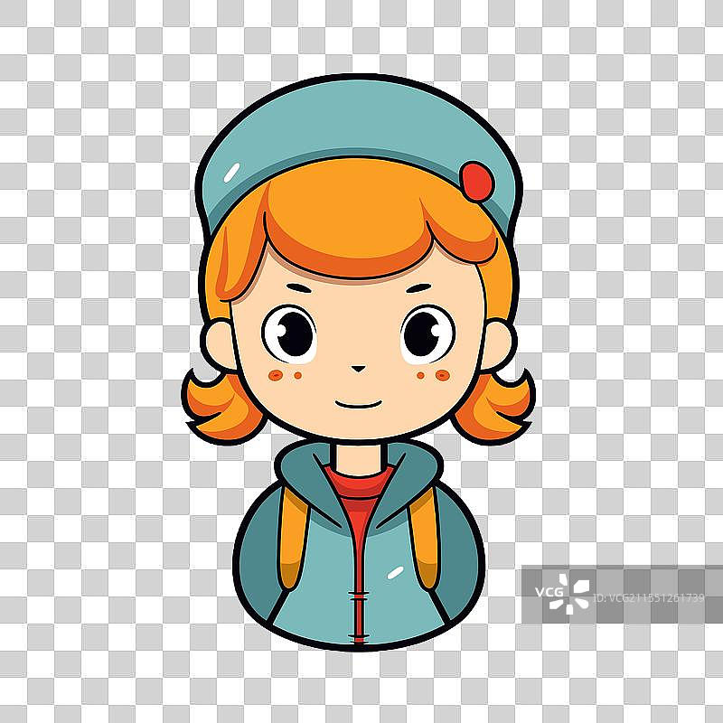 女孩有着橙色头发，戴着蓝色帽子，背着背包。图片素材