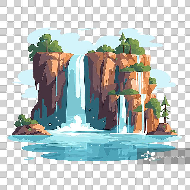 瀑布从悬崖流入平静的水面图片素材