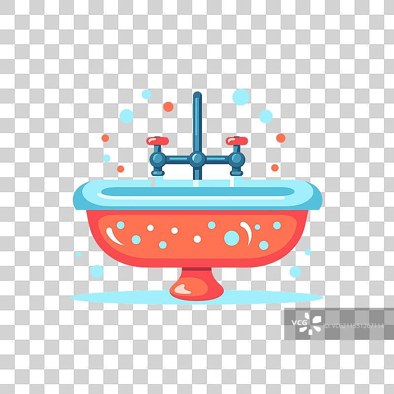 五彩缤纷的浴室水槽，泡泡和水流动着图片素材