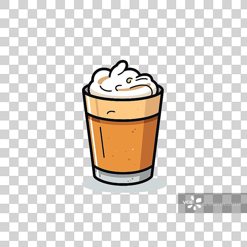 奶油饮料盛在透明玻璃杯中，上面装饰有奶油。图片素材