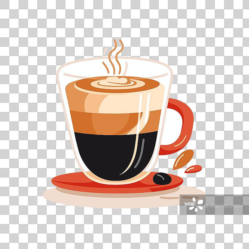 美味的拿铁咖啡在透明玻璃杯中，冒着热气图片素材