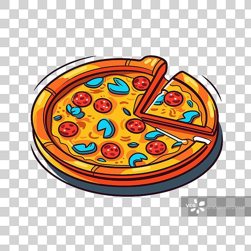 新鲜出炉的意大利香肠披萨，色彩鲜艳图片素材