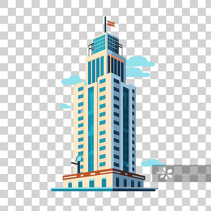 现代摩天大楼与晴朗天空中的国旗图片素材