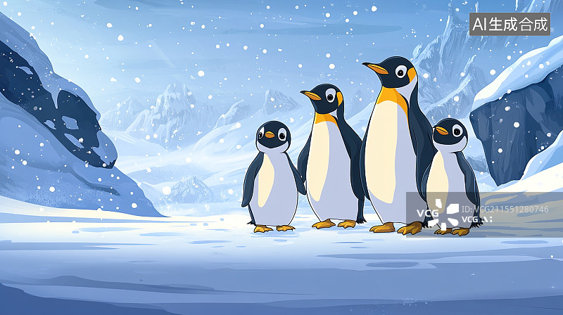 【AI数字艺术】企鹅一家在雪地里玩耍图片素材
