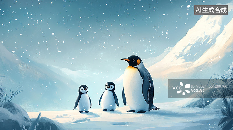 【AI数字艺术】企鹅一家在雪地里玩耍图片素材