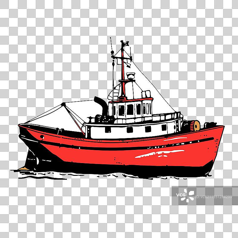 复古红色拖船在平静的水面上展示图片素材