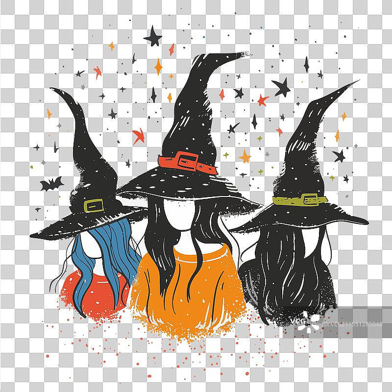 万圣节女巫三人组，戴着女巫帽的女性图片素材