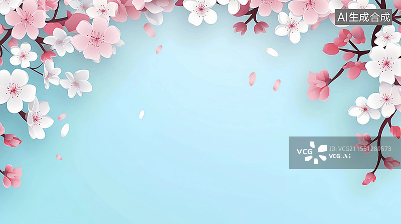 【AI数字艺术】春天樱花季盛开节气蓝色背景边框装饰居上图片素材