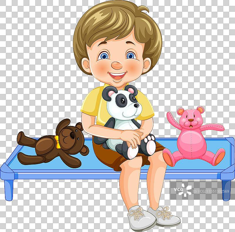 微笑的男孩坐在蓝色背景上，身边有毛绒玩具。图片素材