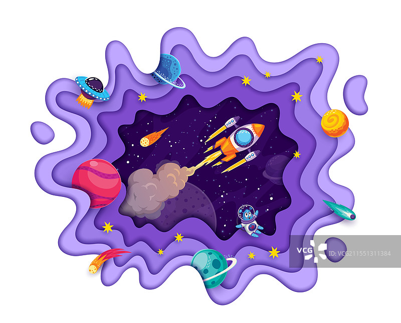 银河太空剪纸火箭发射小行星图片素材