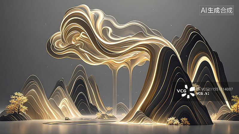 【AI数字艺术】3D超现实主义金色中国水墨山水画背景图图片素材