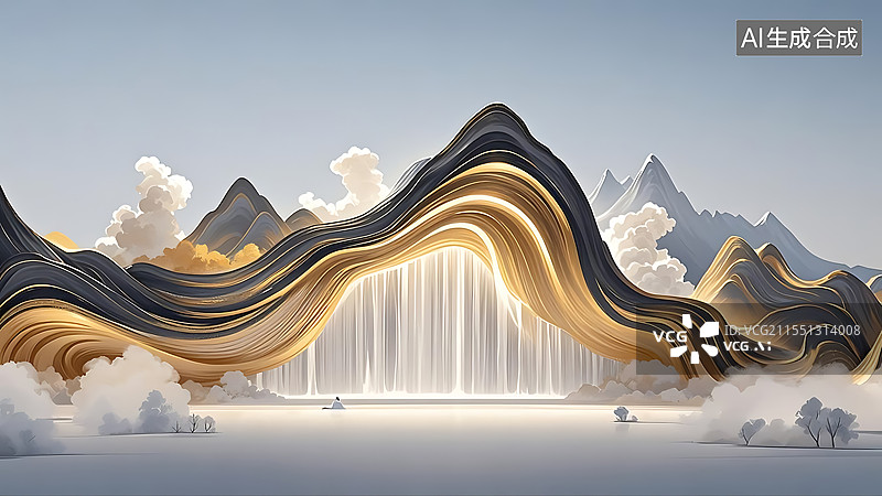【AI数字艺术】3D超现实主义金色中国水墨山水画背景图图片素材