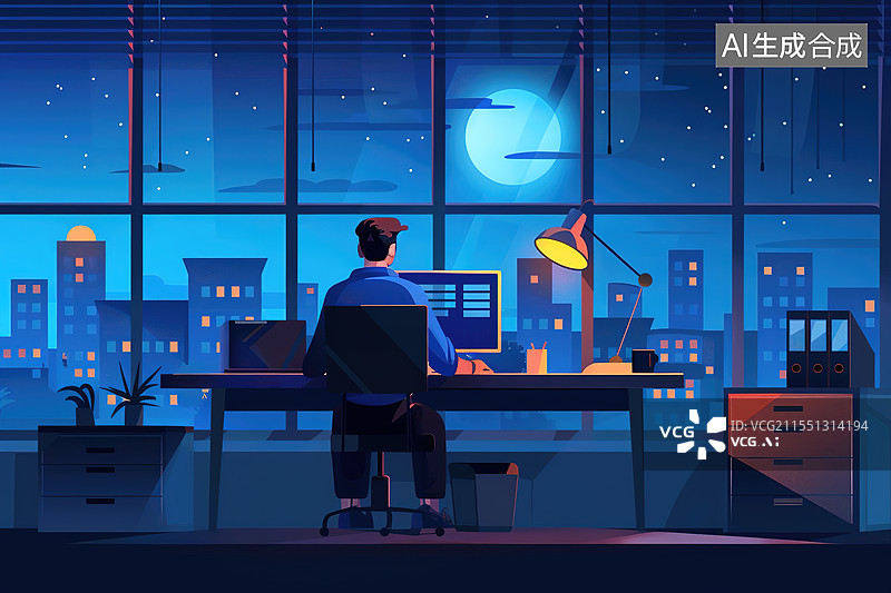 【AI数字艺术】年轻程序员在办公室加班到深夜插画图片素材