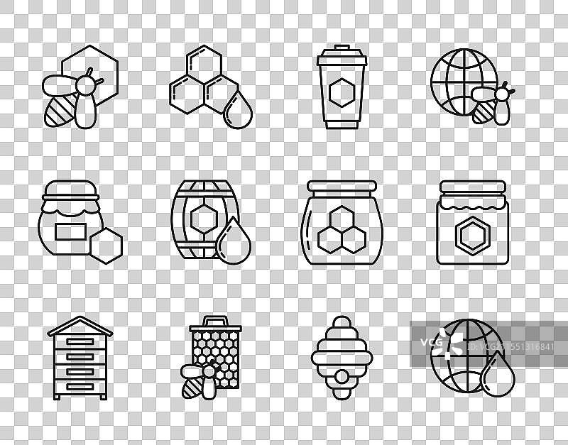 世界地图上的蜜蜂蜂巢线条图图片素材