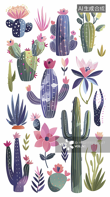 【AI数字艺术】复古彩色仙人掌集纹理图案插画海报背景图片素材