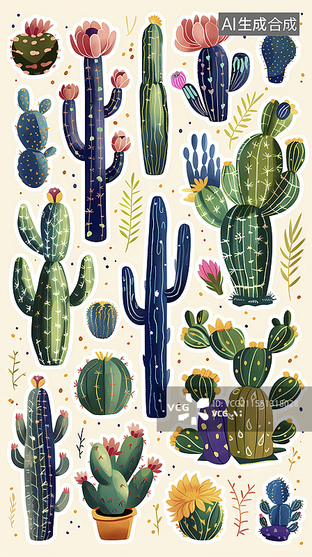 【AI数字艺术】复古彩色仙人掌集纹理图案插画海报背景图片素材