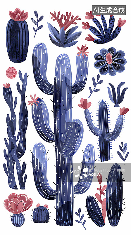 【AI数字艺术】复古彩色仙人掌集纹理图案插画海报背景图片素材